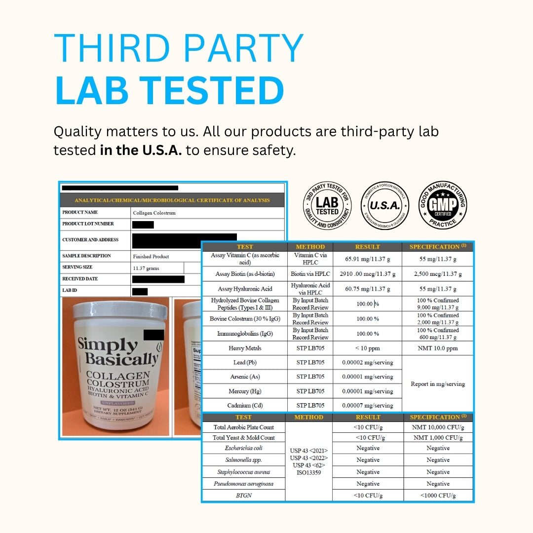 Simply Basically collagen colostrum third party lab test results